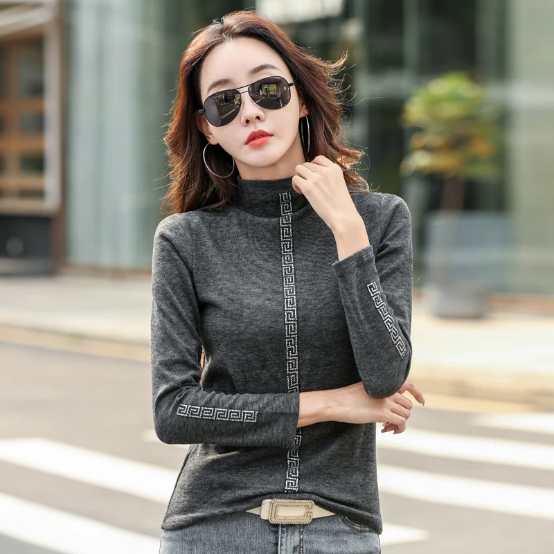 

Diamonds T Shirt Women Cotton Half Turtleneck Winter 2022 Full T-Shirt Female New Korean Fashion Clothes Womens Long Sleeve Tops