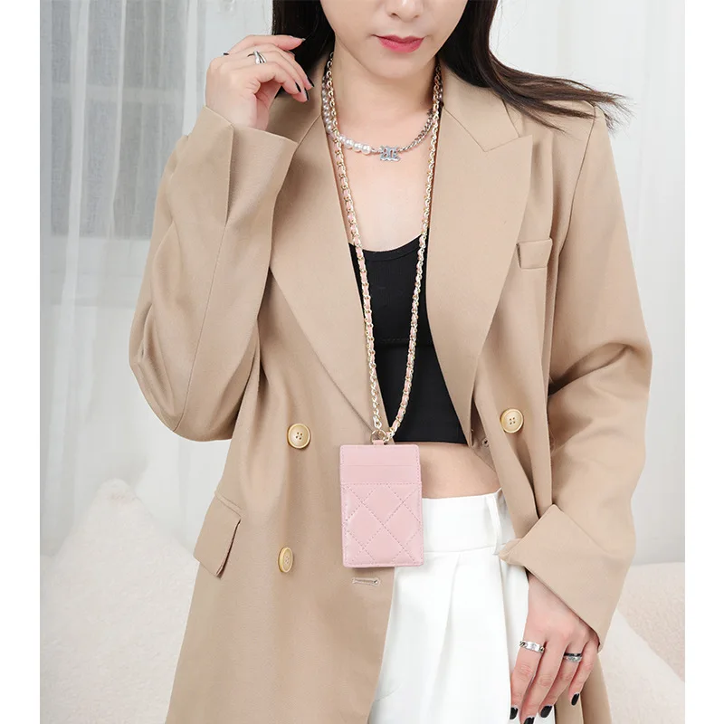 

Модный женский держатель для карт из мягкой овчины, шейный ремешок, тонкая горячая цепочка, новые геометрические рабочие кошельки с бейджами, женские кошельки из натуральной кожи