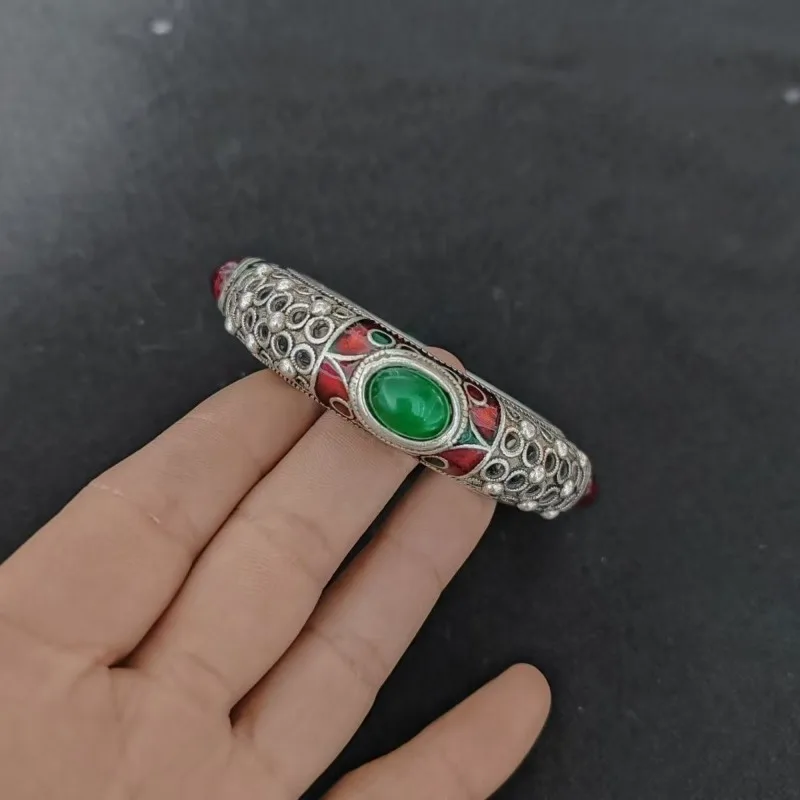 Antique Chinese Cloisonne Bangle Qianlong Era Mark Inlaid Red Green Beads Vintage Collectible Retro Wrist Accessory