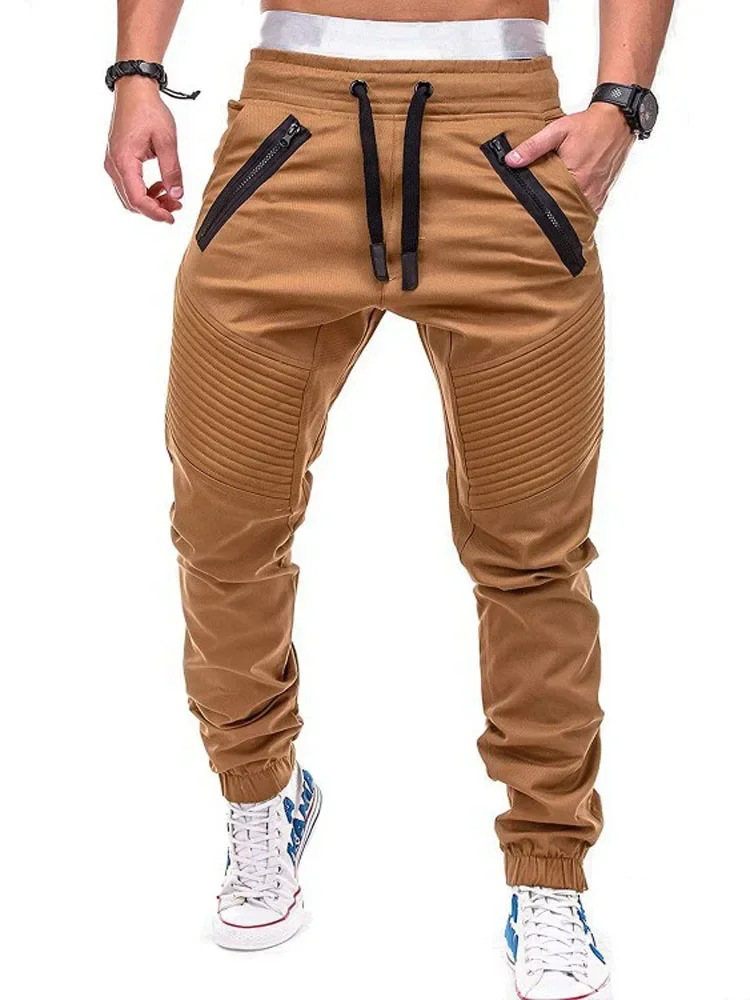 

Men Pocket Long Pencil Pants Summer Low Elastic Waist Drawstring Zip Casual Slim Male Striped Harem Trousers BSD-8812