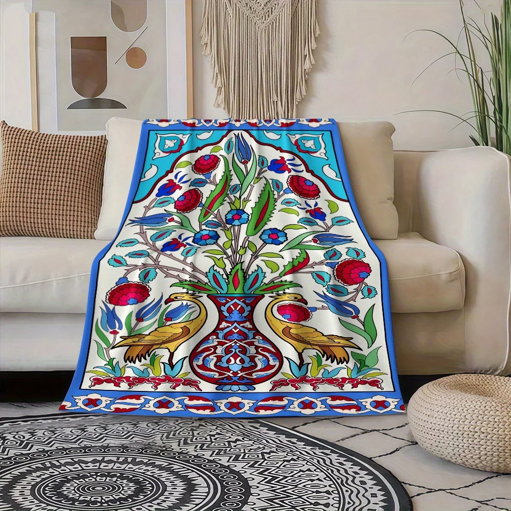 White Base Blue Border Turkey Bird Vase Tulip Peony Flannel Throw Blanket, Soft Blanket Sofa Room, Ethnic Floral Home Decor Gift