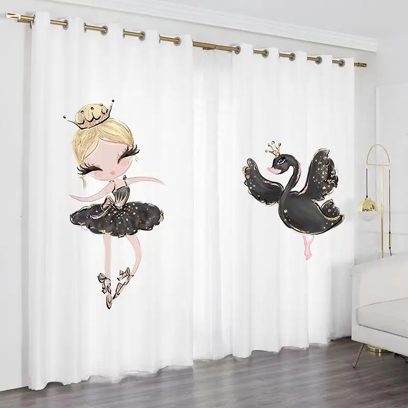 Cartoon Ballerina Princess Swan Pink Children\'s Cheap 2 Pieces Thin Curtain for Kid Teenagers Bedroom Living Room Window Decor