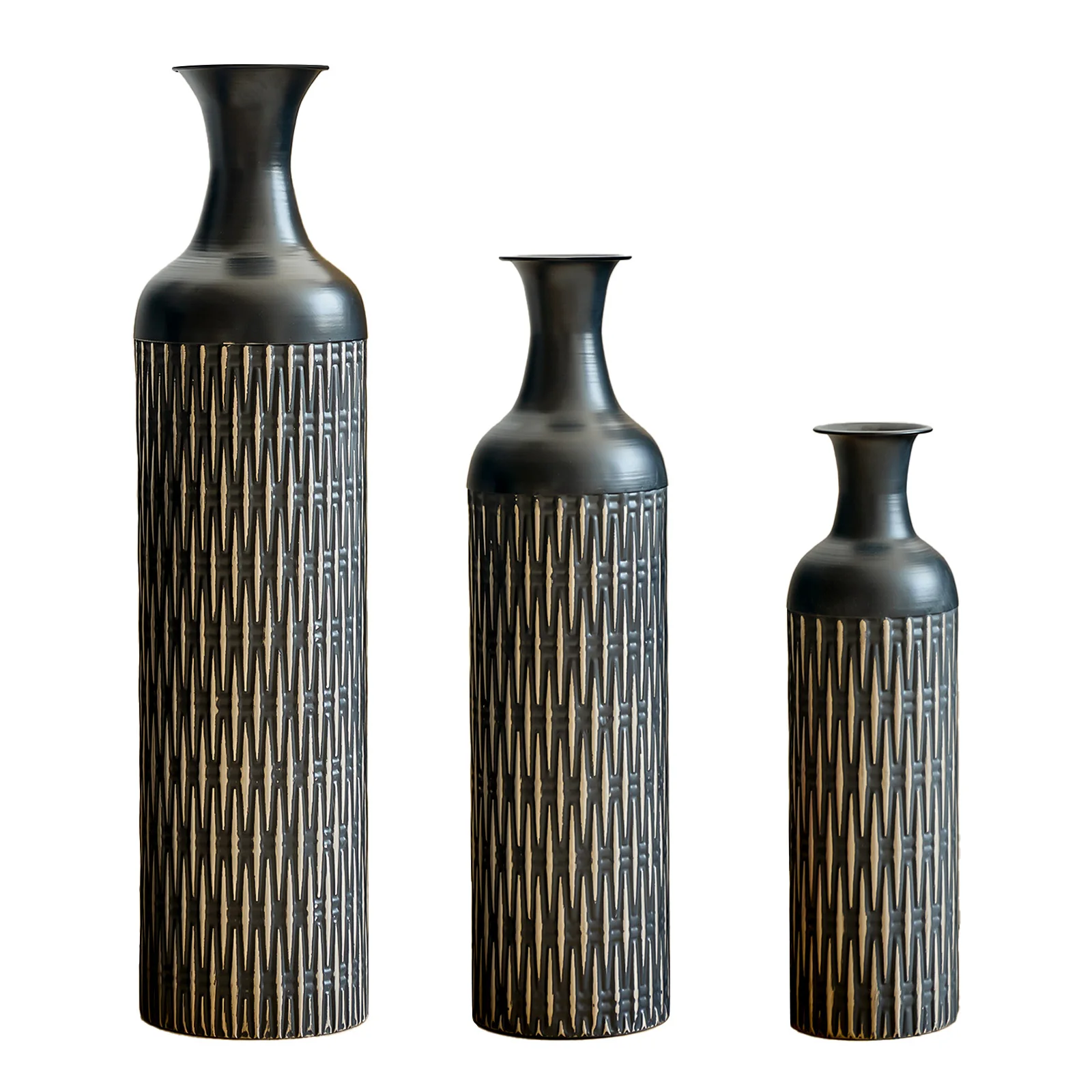 Decorative Metal Vases Set of 3, Tall Black Floor Vases with Textured Pattern for Modern Home Decor,Flower Vases for Living Room