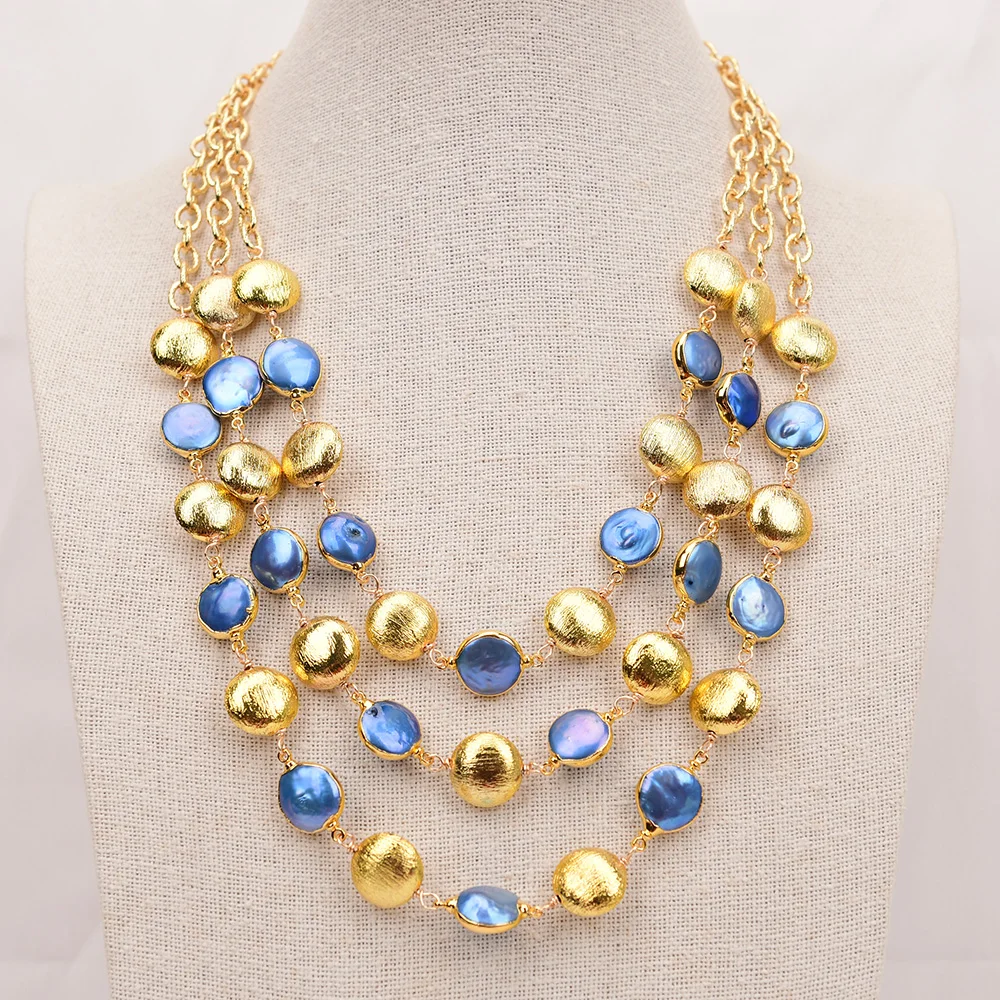 

G-G 3 Rows Cultured Blue Coin Pearl Brushed Beads Gold Color Chain Necklace Multi Strands Jewelry