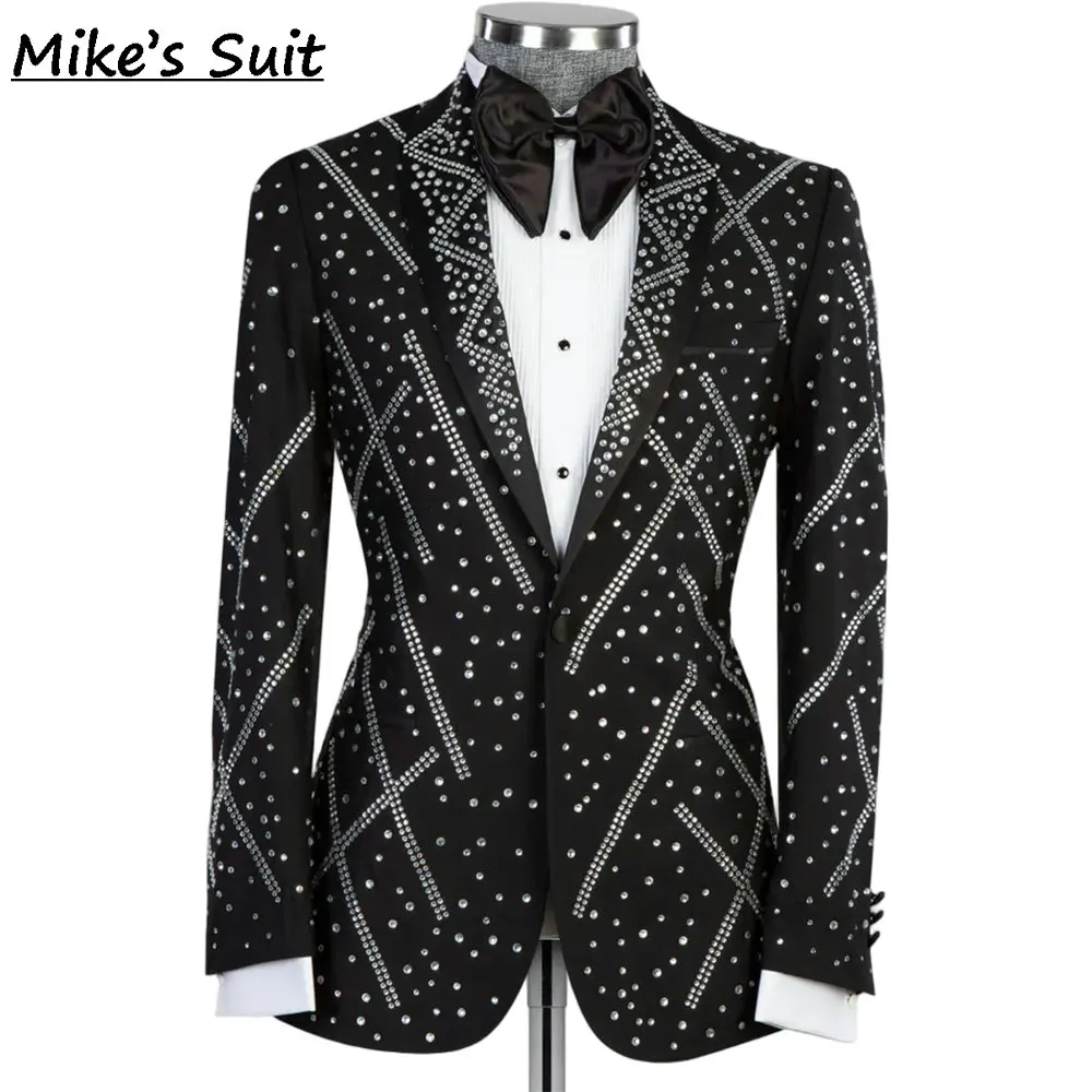 Black Luxury Full Covered Crystal Men Suit 2 Piece Jacket And Pants Man Suits Tuxedos For Business Wedding Groom