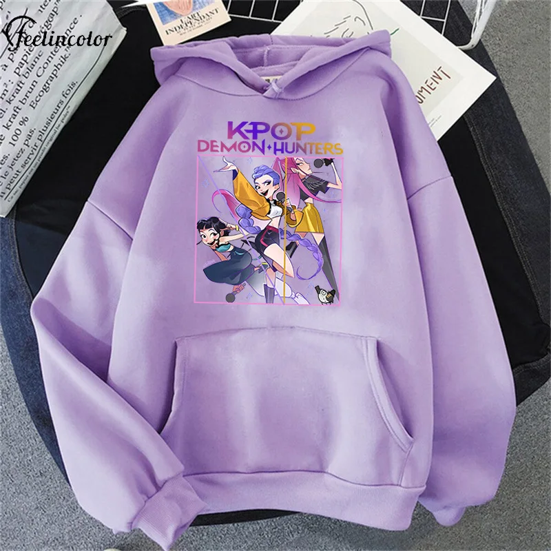 Kpop Demon Hunters Pattern Hoodie Oversized Loose Lavender Huntrix Pullover Casual Fashion Streetwear Harajuku Unisex Clothing