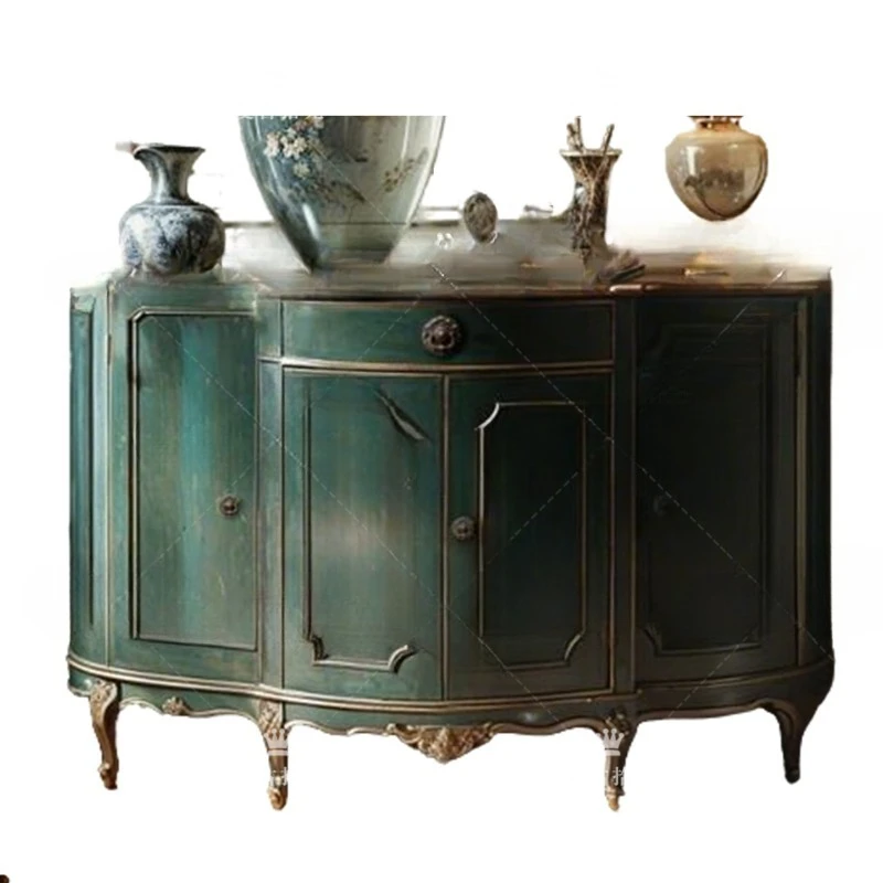 

French retro solid wood carving flower entrance cabinet retro green old decorative cabinet locker display cabinet