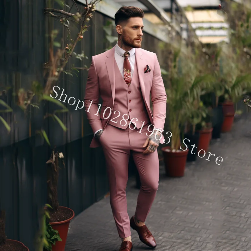 Pink Elegant Men Suits Slim Fit Notched Lapel Two Buttons Casual Suit Male Tuxedos For Wedding Blazer Pants Costume Homme