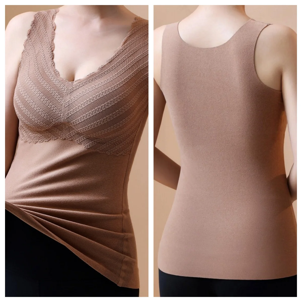 Women Thermal Underwear Top with Chest Pad Vest Seamless Underwear Winter Warm Tops 2-in-1 Built-in Bra Undershirt Camisole