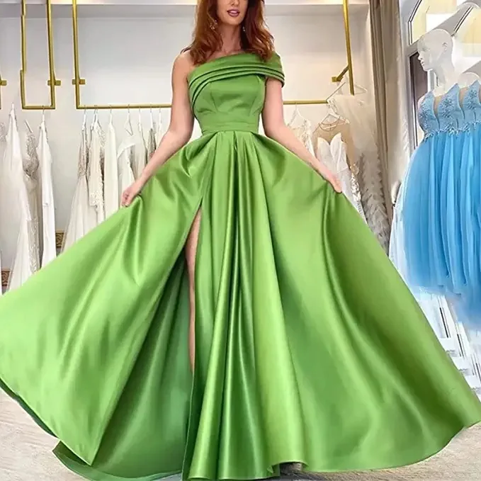

BKLD Solid Color Fashion One Shoulder Satin Dress Birthday Party Fluffy Dress 2026 Autumn Women Clothing Green Split Sexy Dress