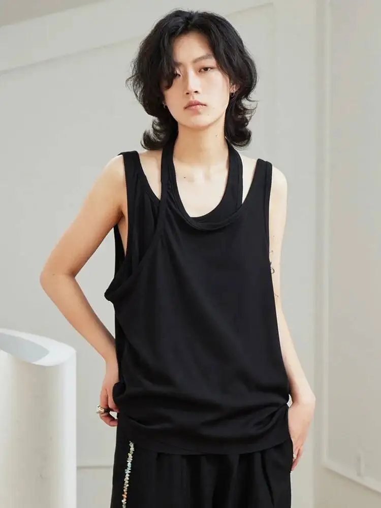 Irreglar Women Black False Two Big Size Tank Tops New O-collar Sleeveless Personality Fashion Spring Autumn 2026 4E50