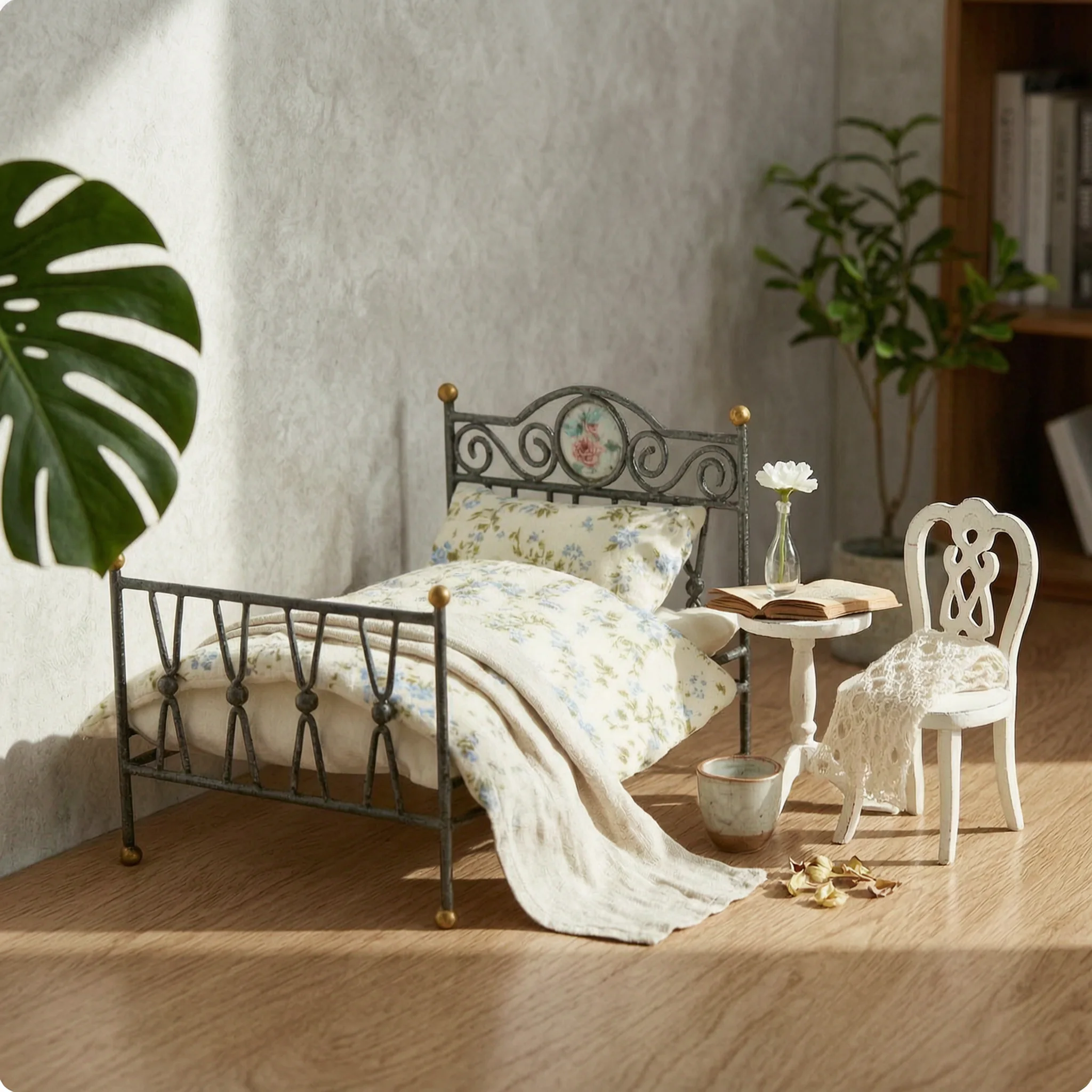 Bed with Bedding Vintage Miniature Metal Bed Furniture Sturdy Stable for Collectors, Display Scenes