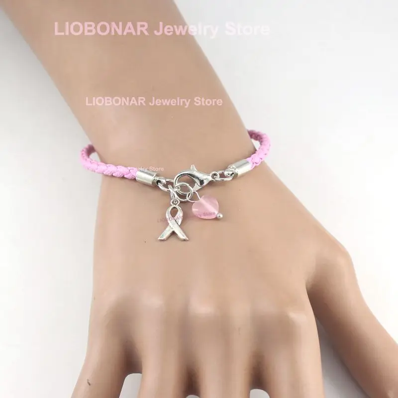 New Arrival Simple Pink PU Braid Leather Bracelets Awareness Jewelry Breast Cancer Bracelet With Pink Heart Ribbon Charm Pulsera