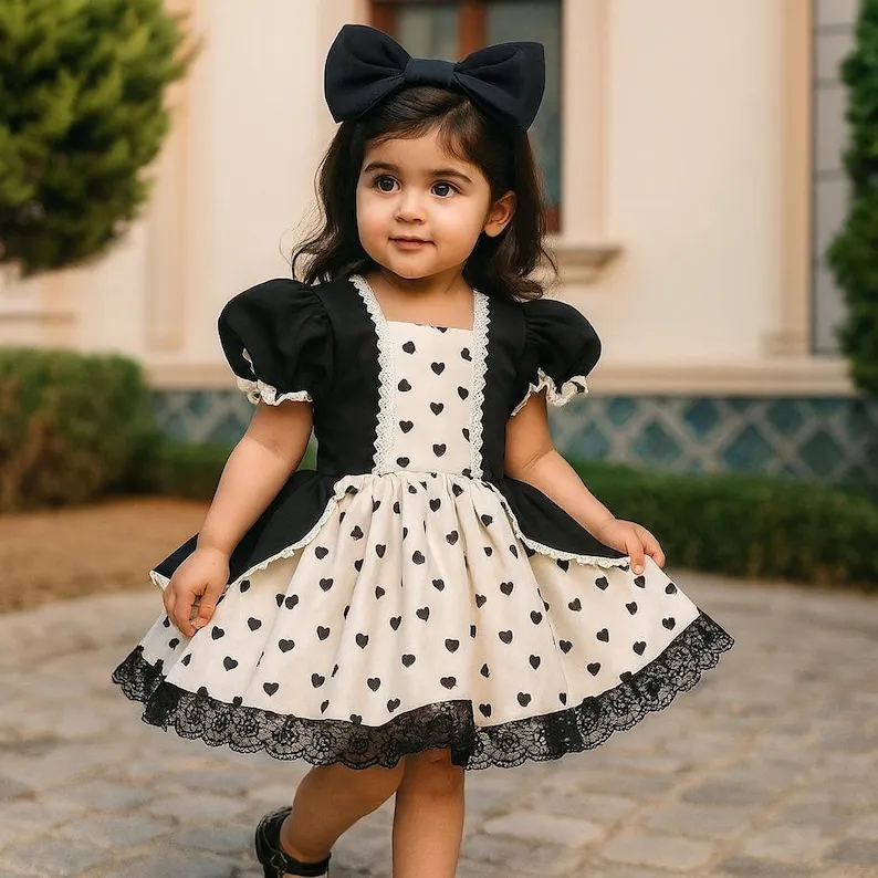 Flower Girls Dress Black White Heart Toddler Dress, Puffy Sleeve Flower Girl Bow Outfit, Birthday Party Gown for Wedding Party