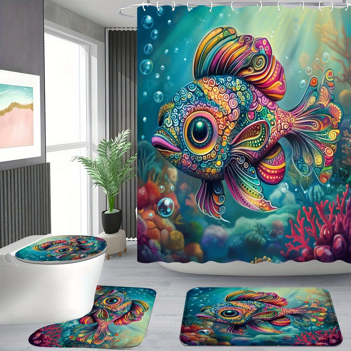 4pcs Shower Curtain Set, Original Colorful Ocean Fish Design, Modern Bathroom Decor, Includes 12 Hooks, Non-Slip Bath Mat
