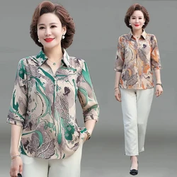 Middle Aged Mother Summer Shirts Korean Loose Half Sleeve Lapel Collar Women Blouse Large Size Print Female Outfit Pant Sets 5XL