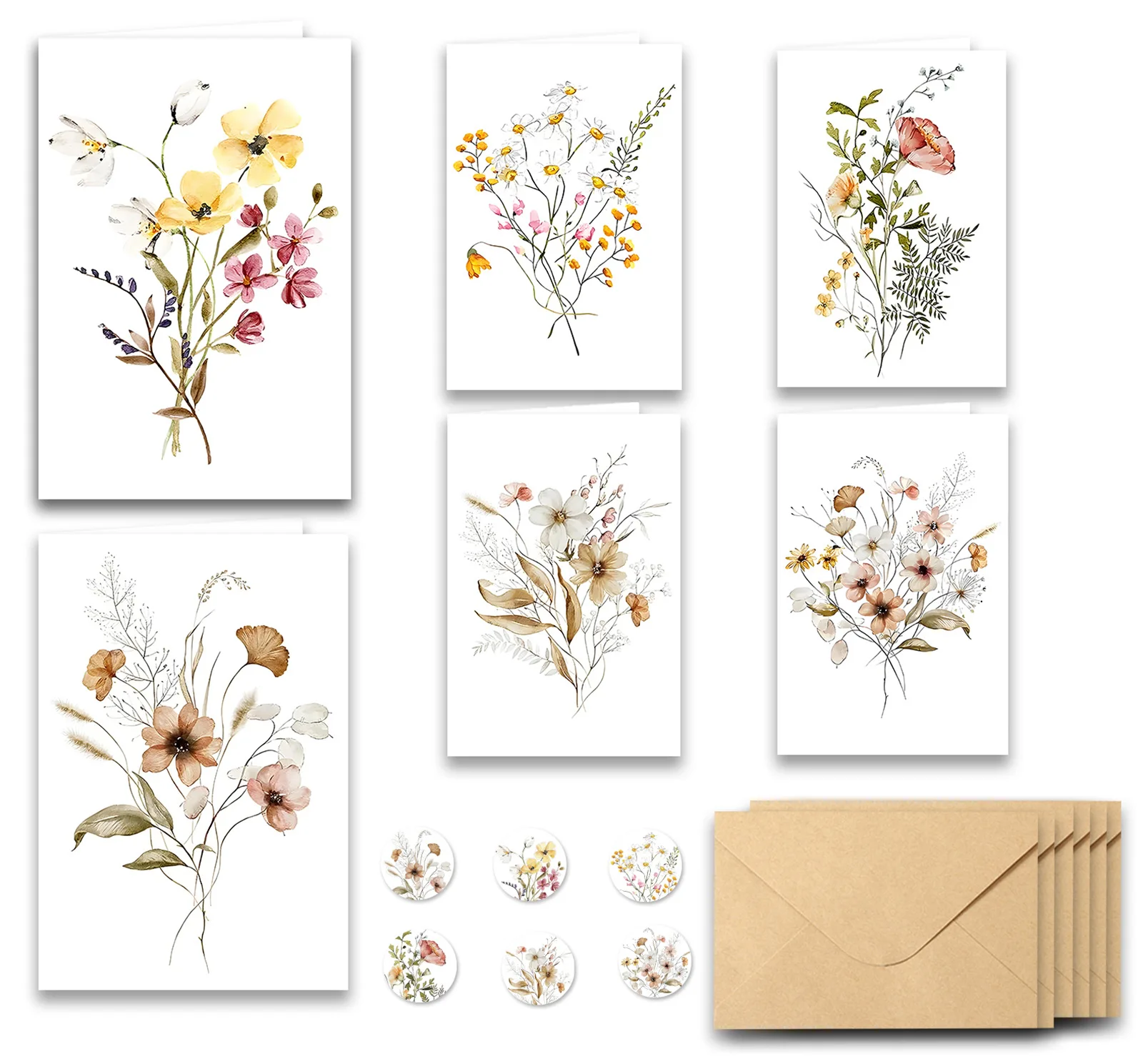 

6pcs Floral Thank You Card Set Blank Greeting Cards with Envelopes&Stickers Birthday Gift Handwritten Plant and Floral Cards