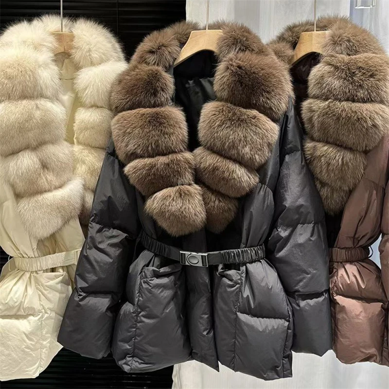 High-Quality Winter Women's Fox Fur Collar Waist-Cinching Puffer Jacket Y2K Stylish Casual Thick Warm Coat 2025