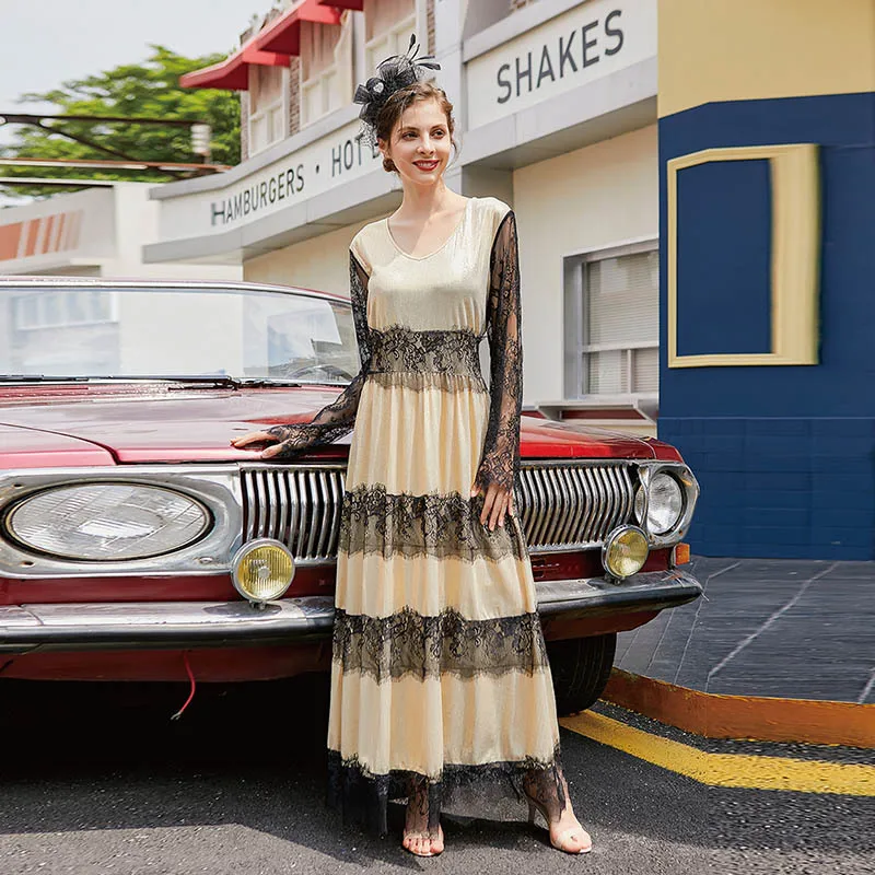 

Large size long dress mesh lace splicing high waist long sleeve dress fashion simple temperament elegant vacation style high-end