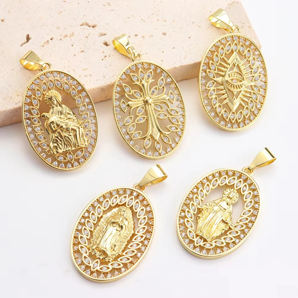 

Ruixi Fashion Hot Selling Jesus Virgin Mary Cross Pendant Catholic Hollow Zircon Pendant Necklace Women Party Gift