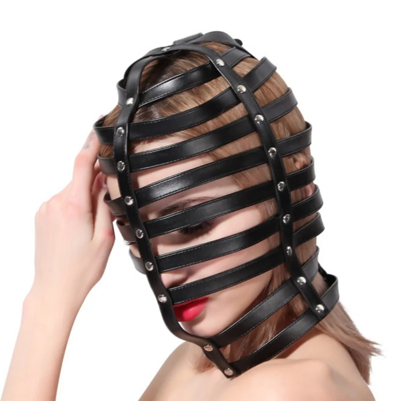 Gothic Costumes Slave Adjustable Head Mask Leather Headgear Kinky Strappy Cage Bondage Hood Men Women Fetish Cosplay Halloween