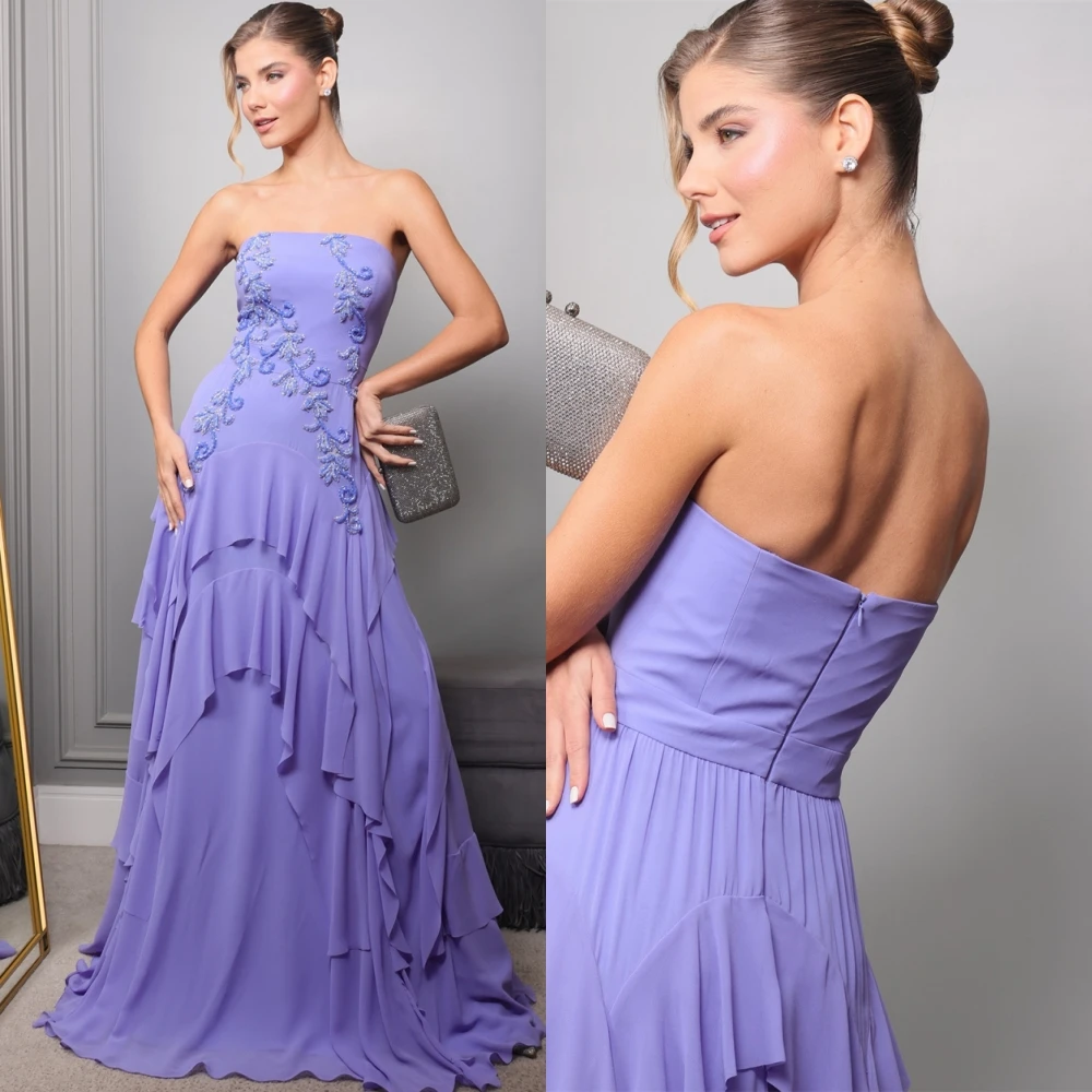 تخصيص فستان سهرة شيفون مثير بدون حمالات رشيقة يزين فساتين حفلة موسيقية موضة طبقات مطرزة فساتين المناسبات الخاصة