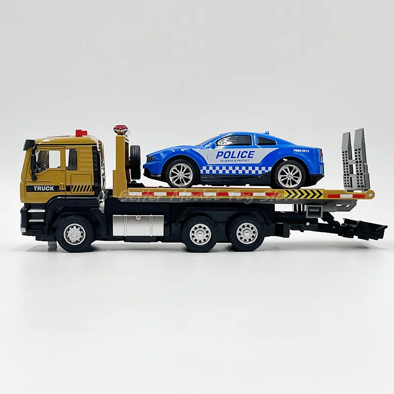 1:50 Diecast Truck Model Toy Flatbed Traffic Rescue Wrecker With Police Car Miniature Replic With Sound & Lights