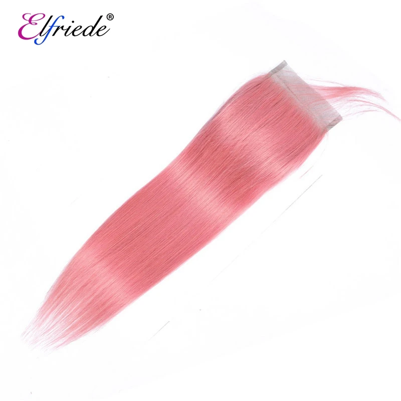 Elfriede bundel 3 lurus merah muda ringan dengan 4X4 bundel rambut sambungan renda pra-warna 100% Remy dengan penutup