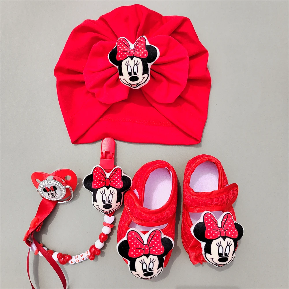 [ Disney Newborns Baby Shoes 0-8M ] Bottom Rubber Non Slip Baby Socks Shoes Match Kawaii Minnie Mouse Shoes Dolls Girl Walker