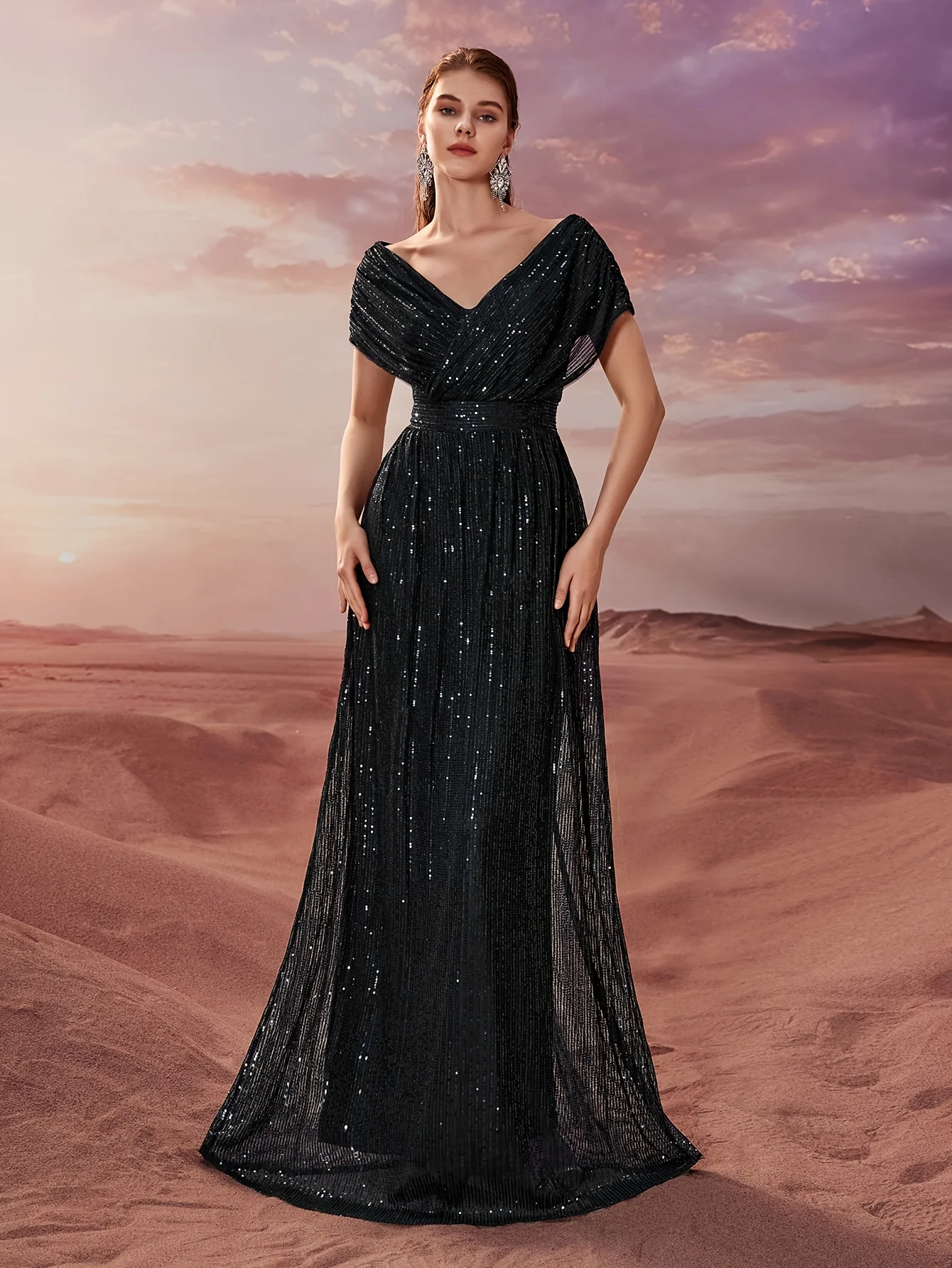 Vestido de noite feminino elegante com lantejoulas brilhantes – vestido de baile slim fit com decote em V duplo para casamentos e configurações formais,