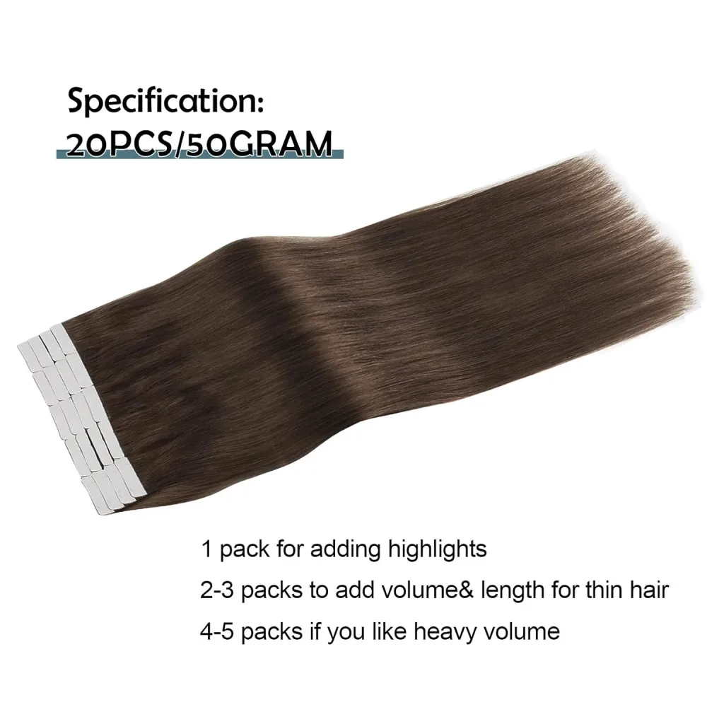 Tape In Hair Extensions Straight 100% Real Human Hair Skin Weft Seamless For Woman Tape In Extensions 26 Inch #2 Brown 20Pcs 50G