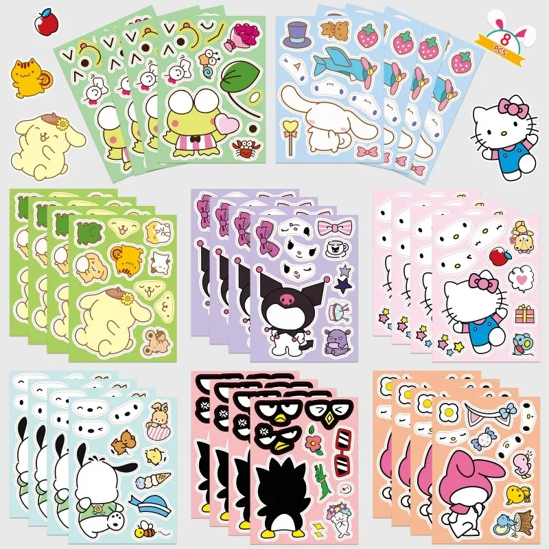 8PCS Sanrio Face Changing Cartoon Cute Hello Kitty Kuromi My Melody Stickers DIY Children's Educational Toys Wholesale