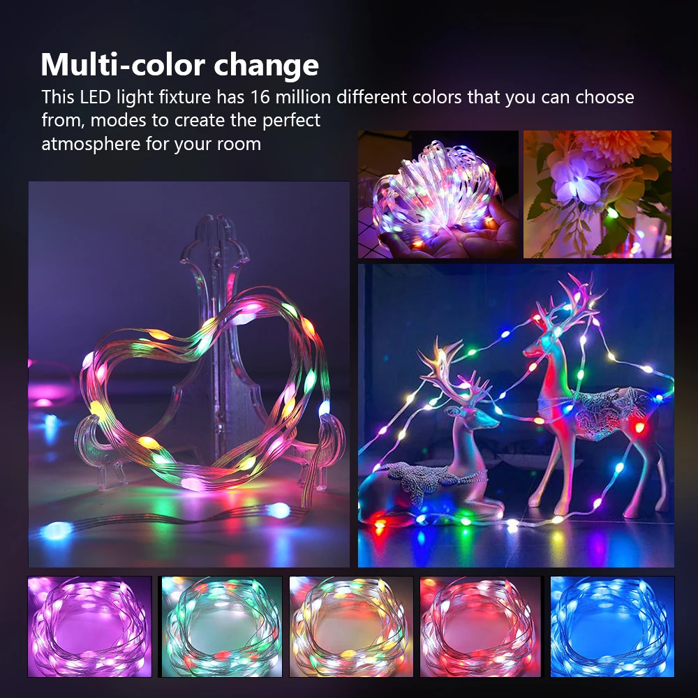 LED Multicolor Fairy String Lights, 20m 200leds 5V  Addressable  Waterproof Curtain Lights, Christmas Lights Remote & Bluetooth