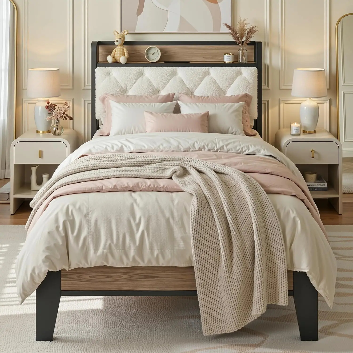 Twin XL Upholstered Bed Frame with Headboard & Charging Station, Heavy Duty Slat Support, Noise Free, No Box Spring Needed, Cust