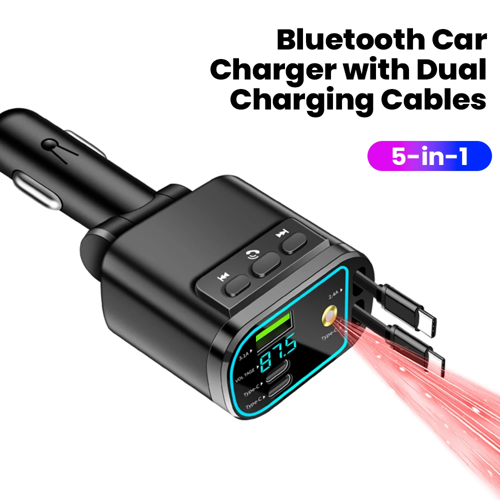 

5-in-1 USB Type C Fast Charging Car Charger with Retractable USB C Cables Bluetooth 5.0 FM Transmitter For Iphone 17 16 Samsung