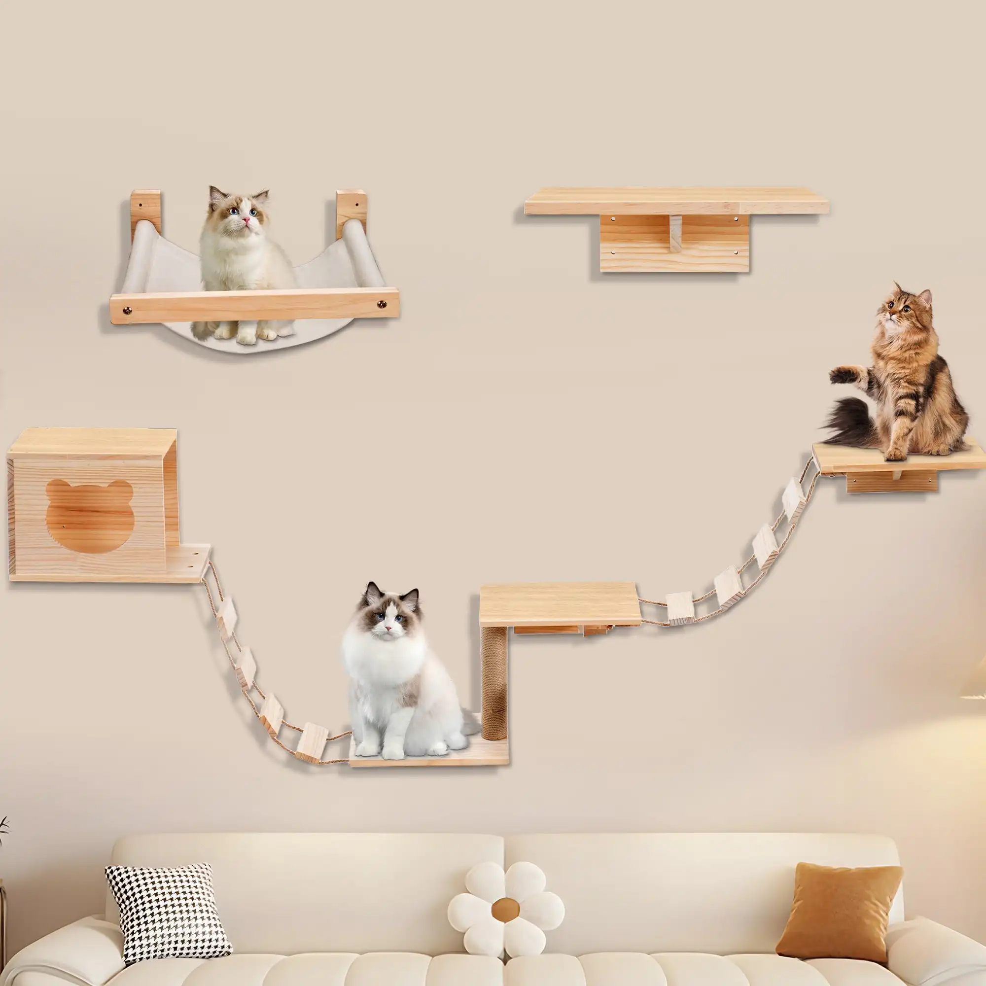 

9 Piece Set Wall-Mounted Cat Climber Set for Cat Play & Fun, Wooden Wall Mounted Cat Furniture