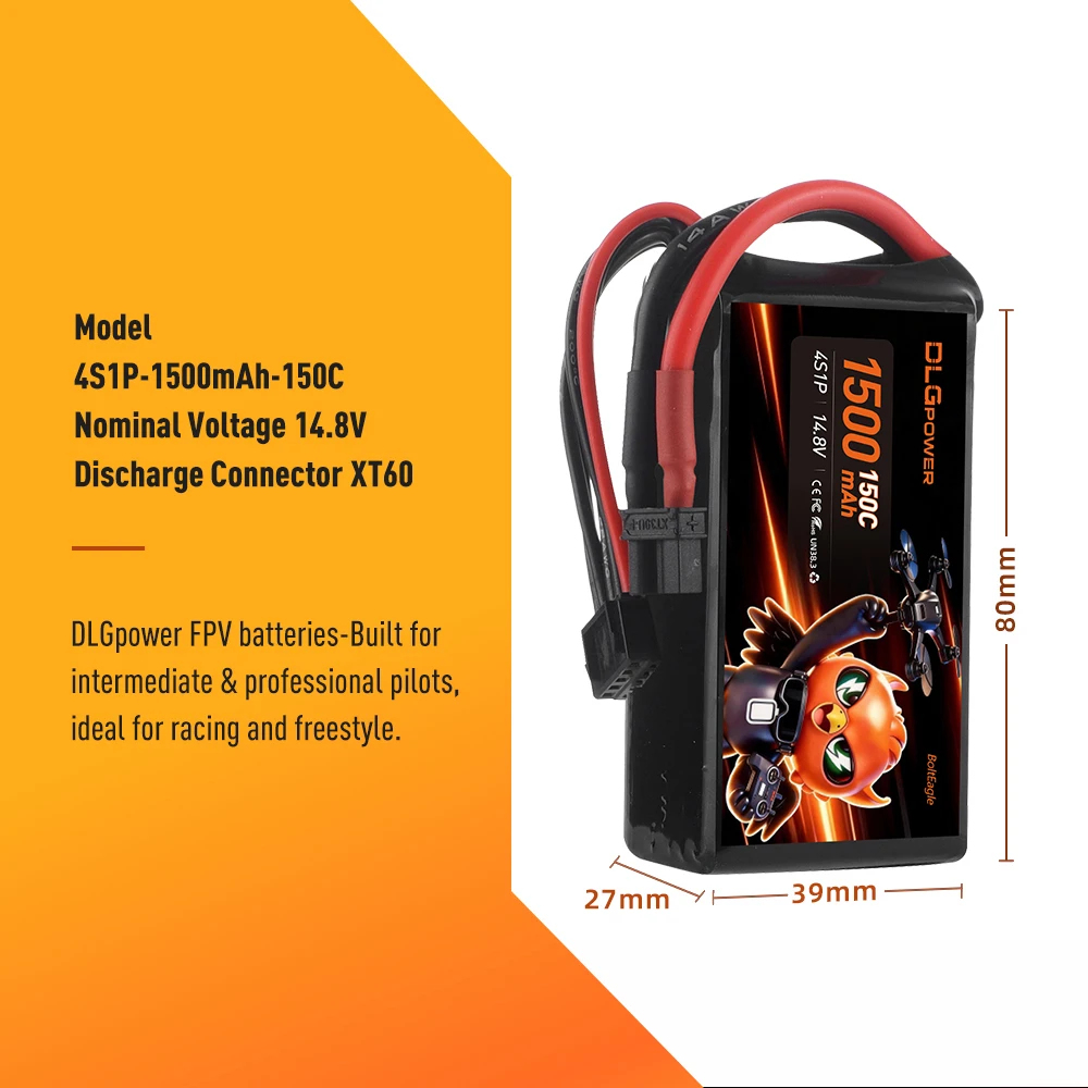 DLGPOWER 4S RC Lipo Battery 1500mAh Lipo 4S 14.8V 150C XT60  Plug for RC Drone Car Parts Truck Airplane FPV UAV Drone Batteries