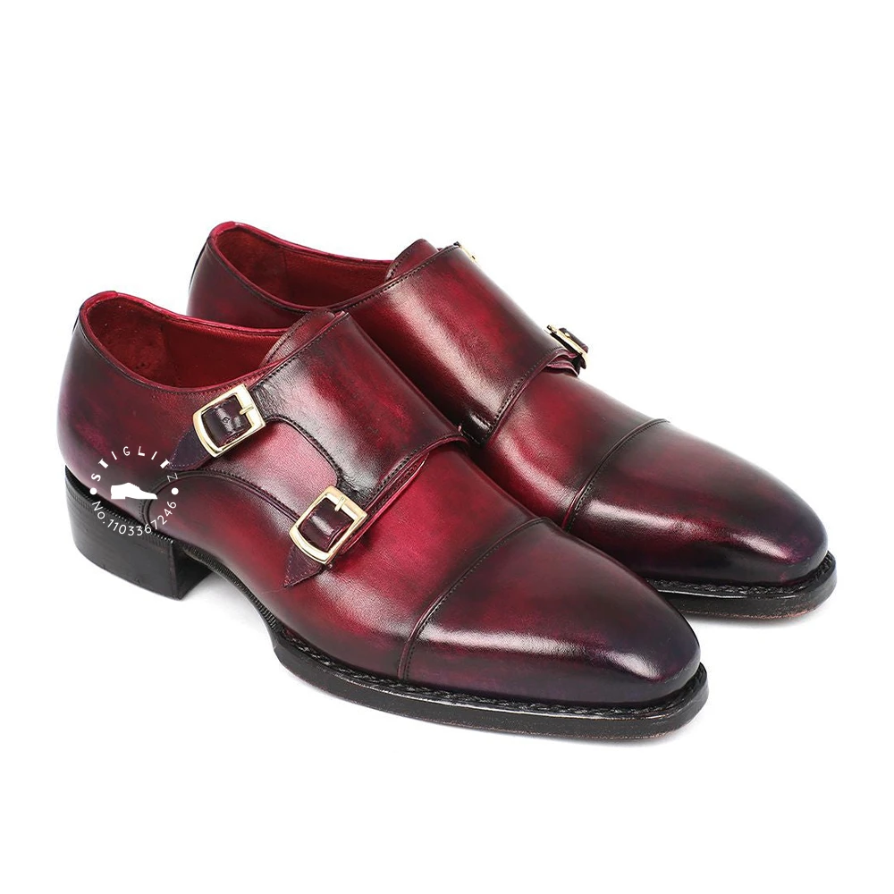 Double Monk Strap Handmade Shoes Cap Toe Hand Painted Oxford Shoes Designer Style Luxury Leather Shoes Buckle Almond Derby Shoes