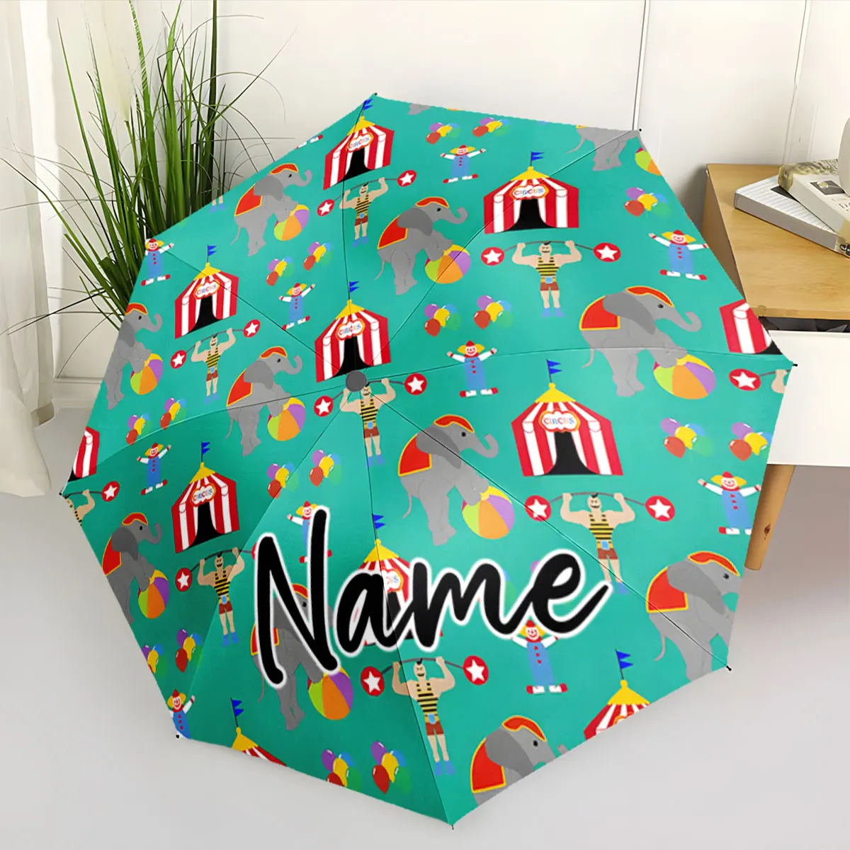 Custom Name Colorful Circus-Themed Umbrella Design Print 8 Iron Ribs Folding Umbrella Auto-Open Fashion Sunshade