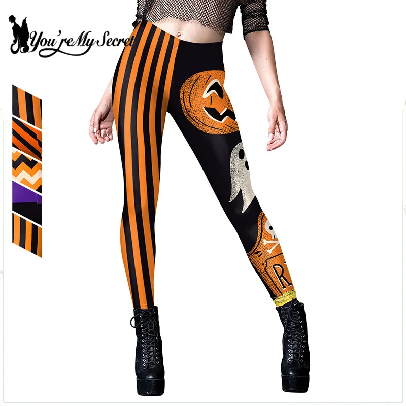 [You\'re My Secret] Halloween Pumpkin Skull 3D Print Pattern Sexy Stripe Workout Pants Leggings For Women Trouser Mid Waist Pant