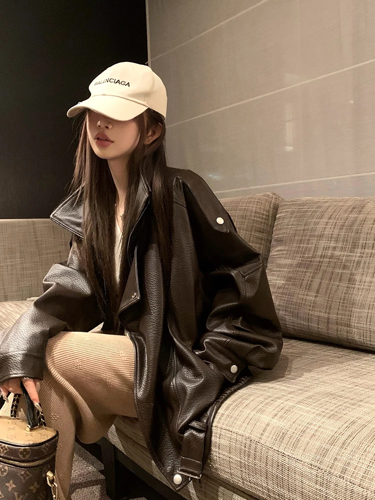 Vintage kurtka motocyklowa z motywem małpy, skórzana, damska, z kołnierzem, młodzieżowa, wykonana z PU, nie dostępna w sklepach.