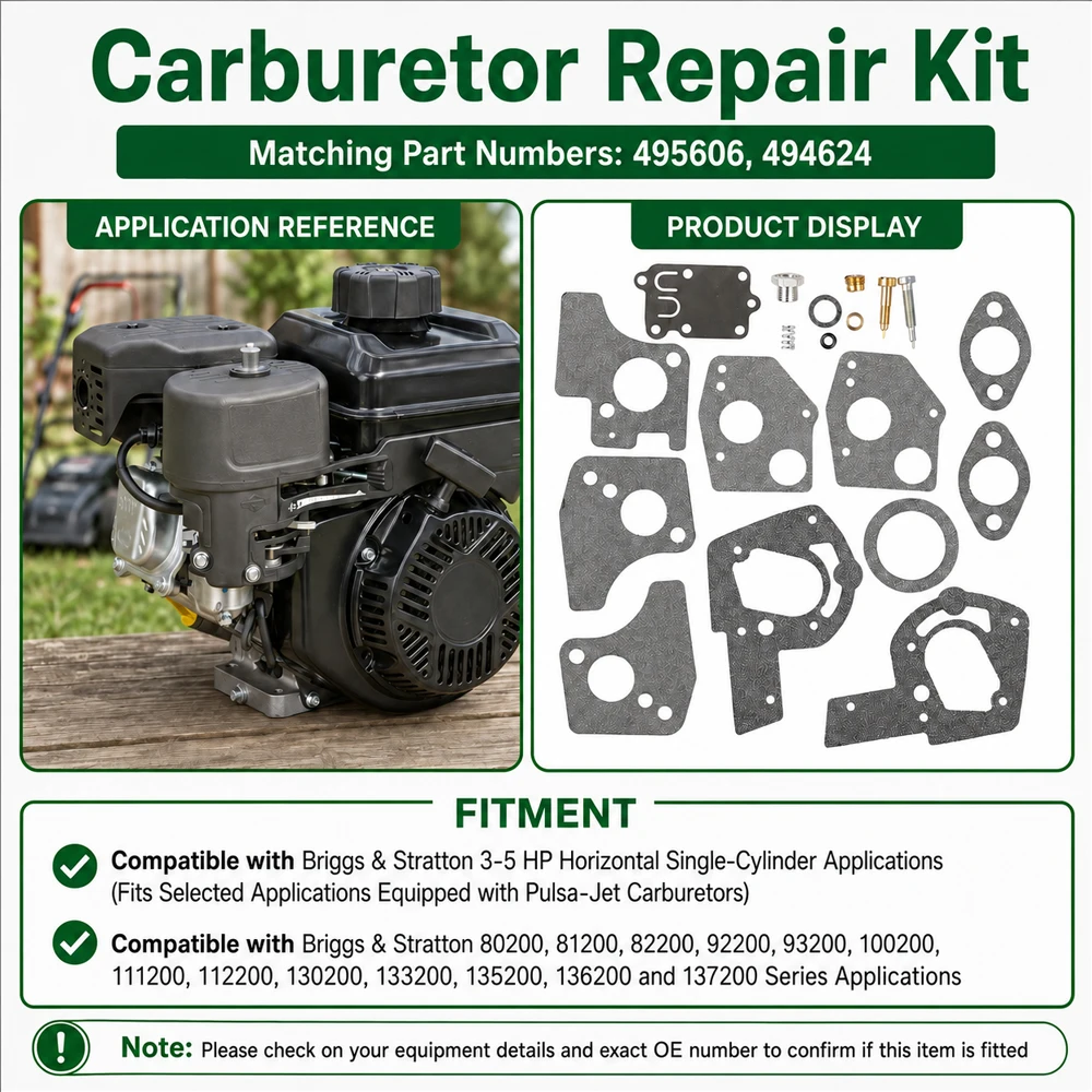 For Briggs & Stratton 80200, 81200, 82200, 92200, 93200 3-5 HP Horizontal Single-Cylinder Carburetor Repair Kit 495606 494624