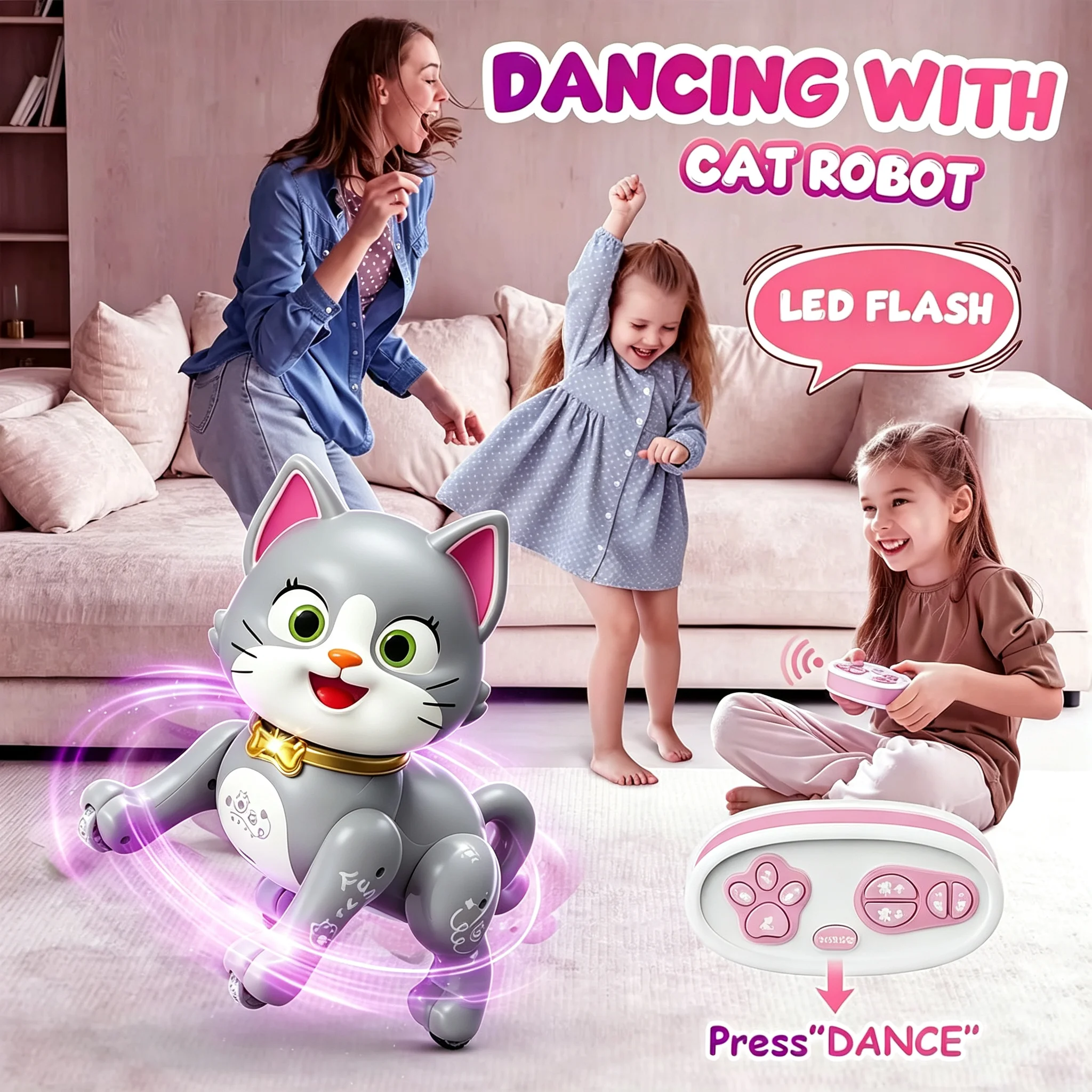 Adorable Remote Control Robot Dancing Cat, Interactive Walking Pet Toy for Kids, LED Rechargeable Toys, Girls Birthday Gift