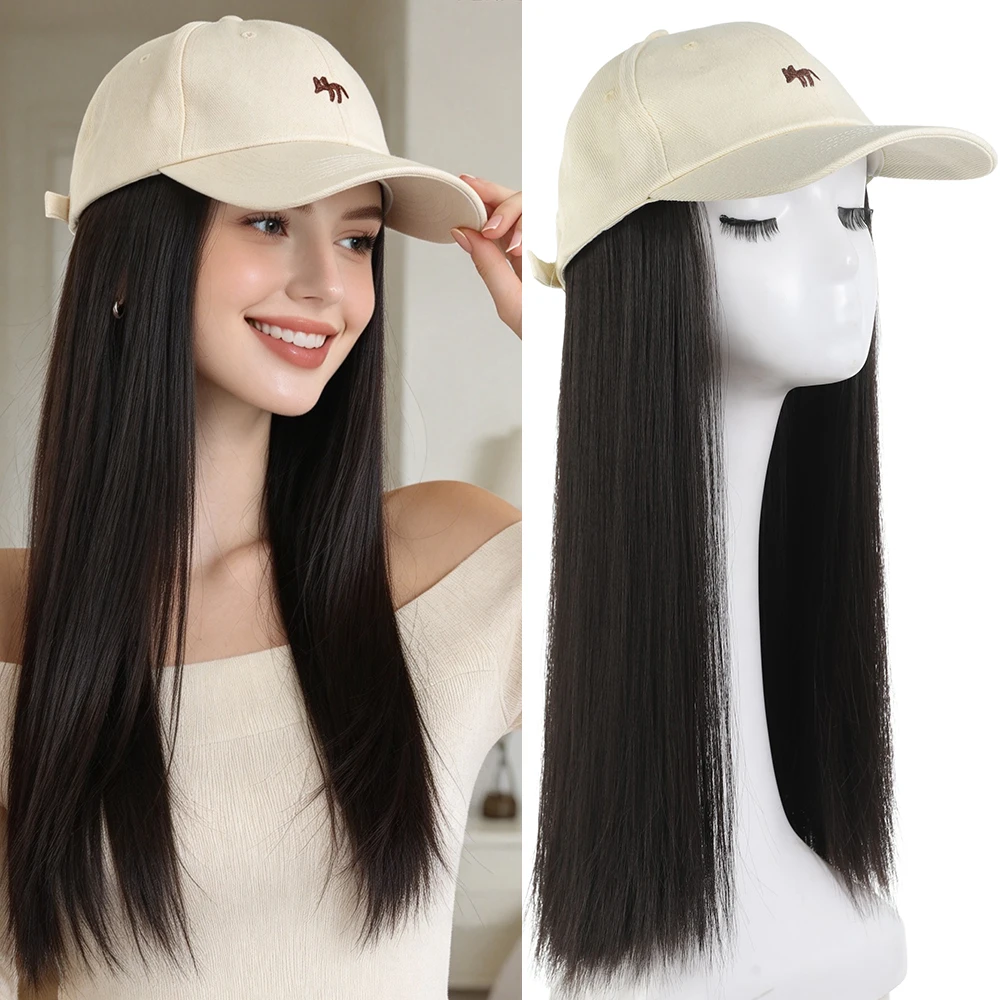 peluca sintética de 45 cm, gorra de béisbol, peluca de pelo largo y liso, gorra con visera, peluca con pompón, pelo rizado, coleta, corte bob, regalo de Navidad.