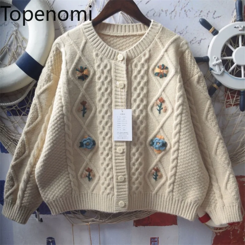 Topenomi Japanese Flower Embroidery Twist Knit Cardigan Women Autumn Winter Vintage Sweet Loose Round Neck Short Sweater Coat