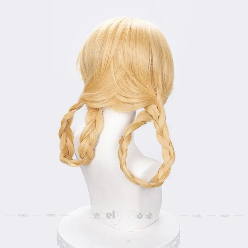 

CyGenshin Impact Jahoda Cosplay Wig Yellow-blonde Hair Double Braids with Choppy Bangs Wigs For Women Girls Halloween Free Wig C