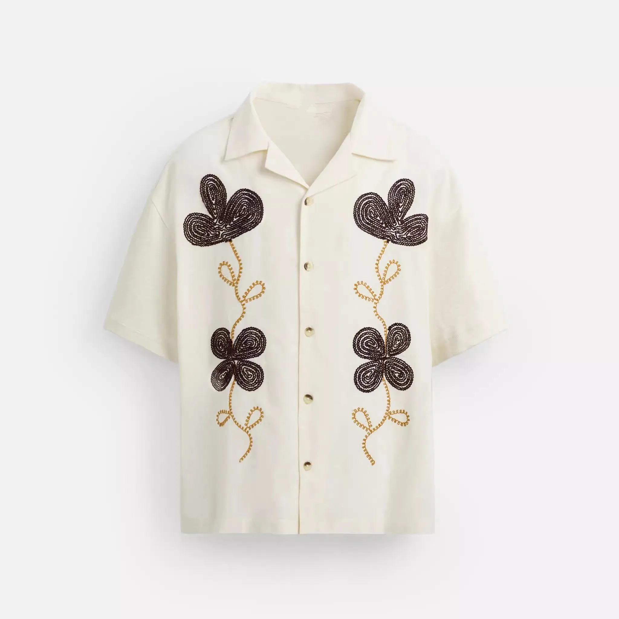

New 2025 Summer Men's Cotton Casual irt Floral Embroidery Loose Fit Versatile ort Sve Cuba Collar Regular Length
