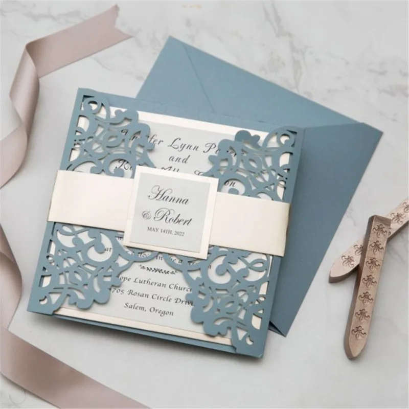 

(100 pieces/lot) Laser Dusty Blue Marriage Invitation Card with Silver Glitter Belt Personalized 15th Birthday Invitations IC139