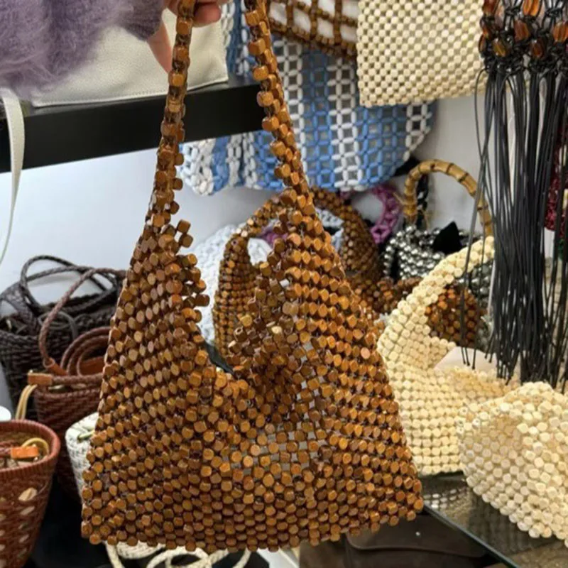 Retro Wooden Beaded Tote Bag 2026 New Large Capacity Woven Single Shoulder Bag Summer Beach Handbag