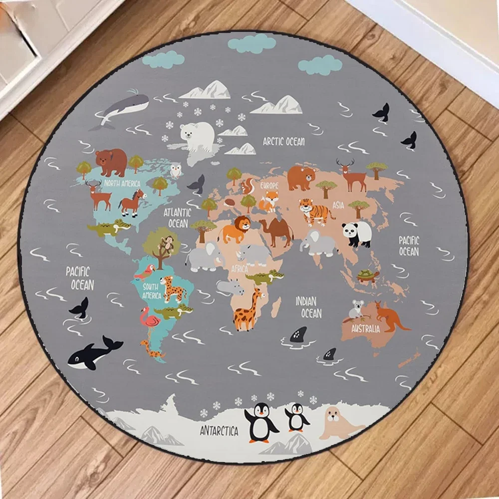 World Map Round Area Rug - Circular Carpet, Non-Slip Large Floor Mat for Living Room Study, Travel Theme Educational Decor
